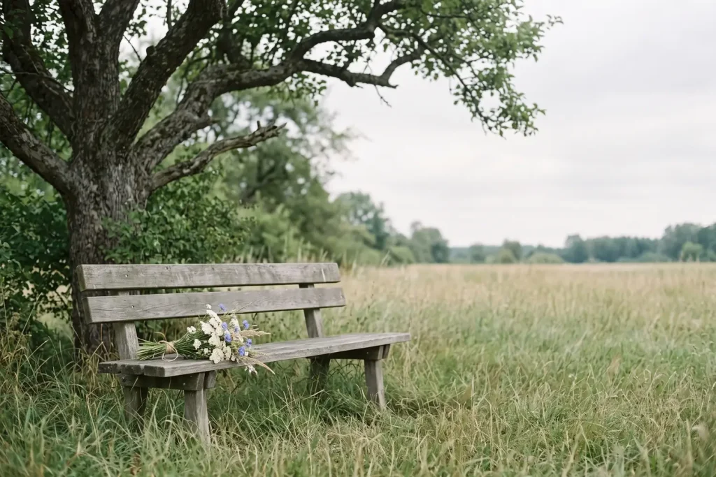 Holzbank mit einem Strauß Wiesenblumen am Rand einer Wiese
