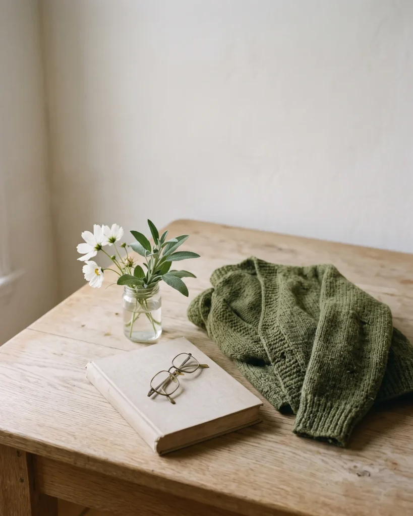 Lesebrille auf einem Buch, eine gefaltete Strickjacke und ein Glas mit Gartenblumen auf einem Holztisch